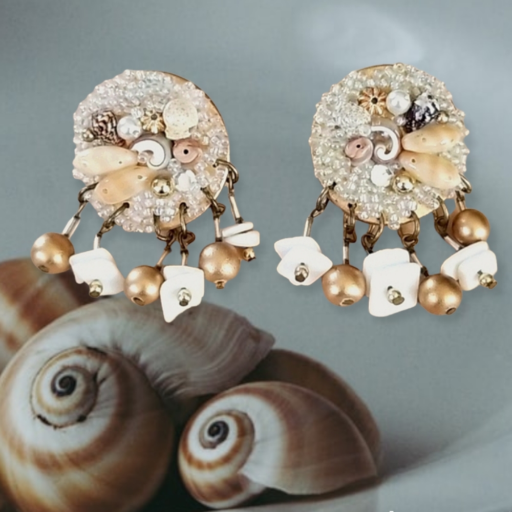 Vintage 1960s Shell, Wood and Seed Bead Pierced Earrings